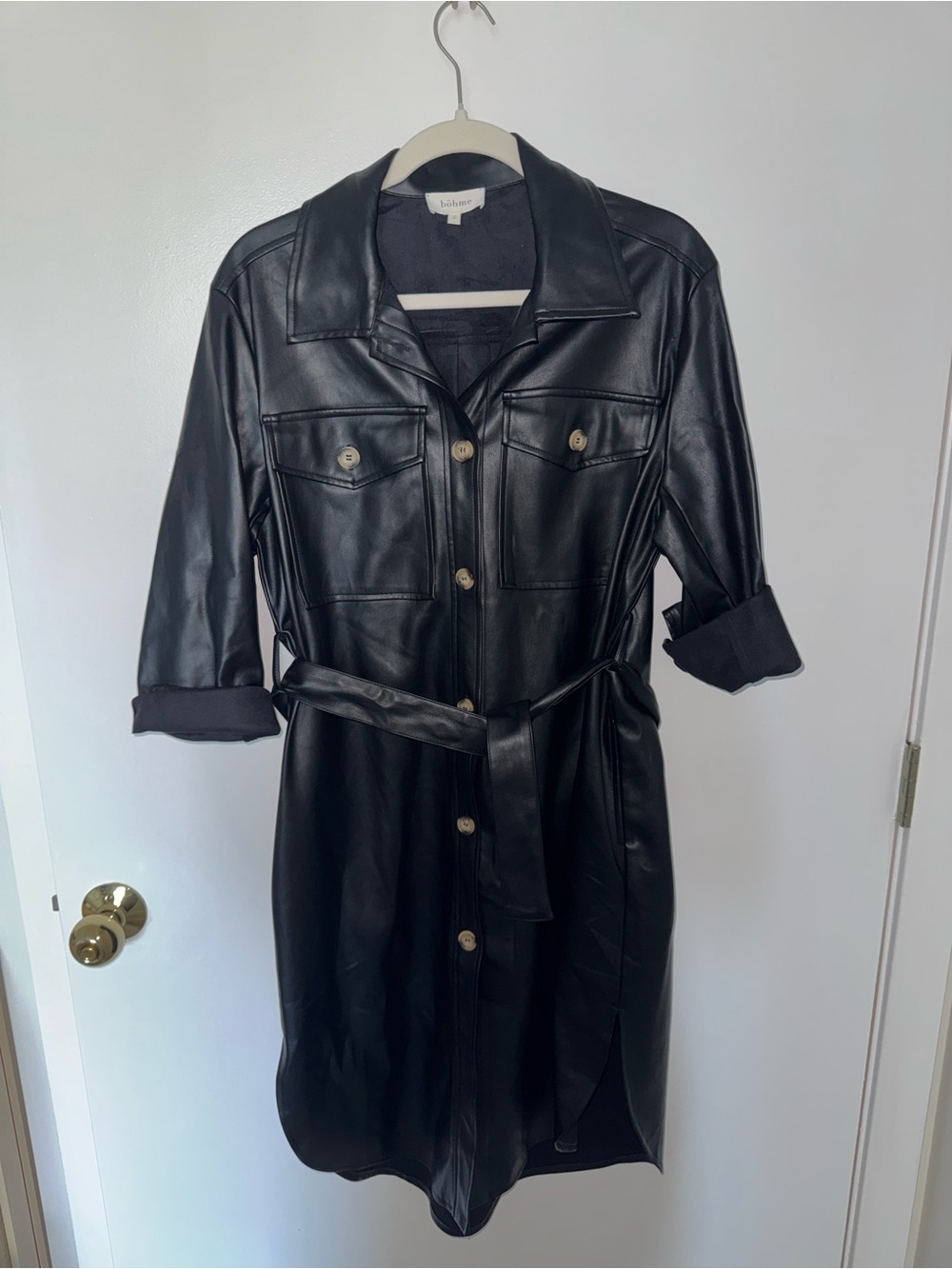 bohme Shannon Black Leather Belted Midi Dress